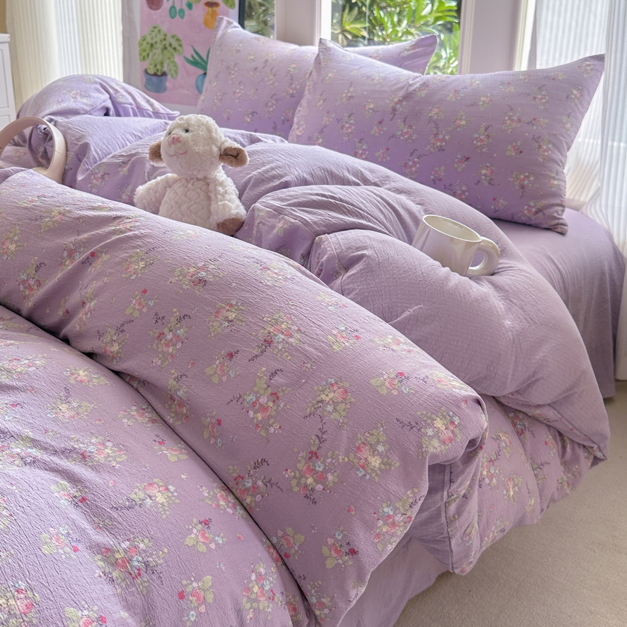 91家纺网 家纺一手货源 找家纺 桔禾家纺 2025新款小清新水洗棉有氧双层纱印花云感木棉皱皱纱四件套 满春庭