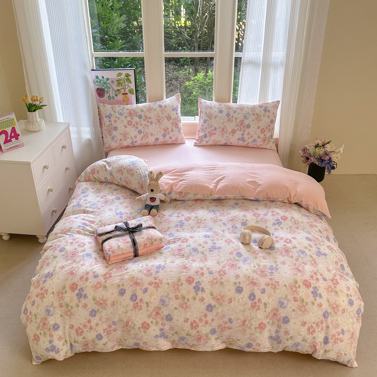 91家纺网 家纺一手货源 找家纺 （总）桔禾家纺 2025新款小清新水洗棉有氧双层纱印花云感木棉皱皱纱四件套