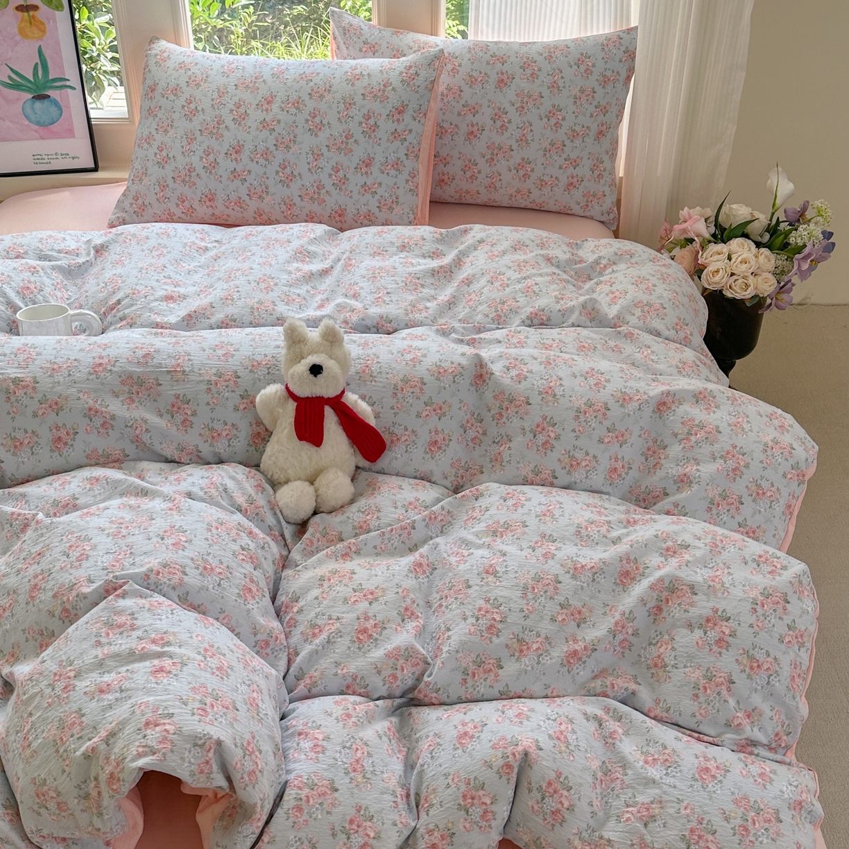 91家纺网 家纺一手货源 找家纺 桔禾家纺 2025新款小清新水洗棉有氧双层纱印花云感木棉皱皱纱四件套 玫瑰心语