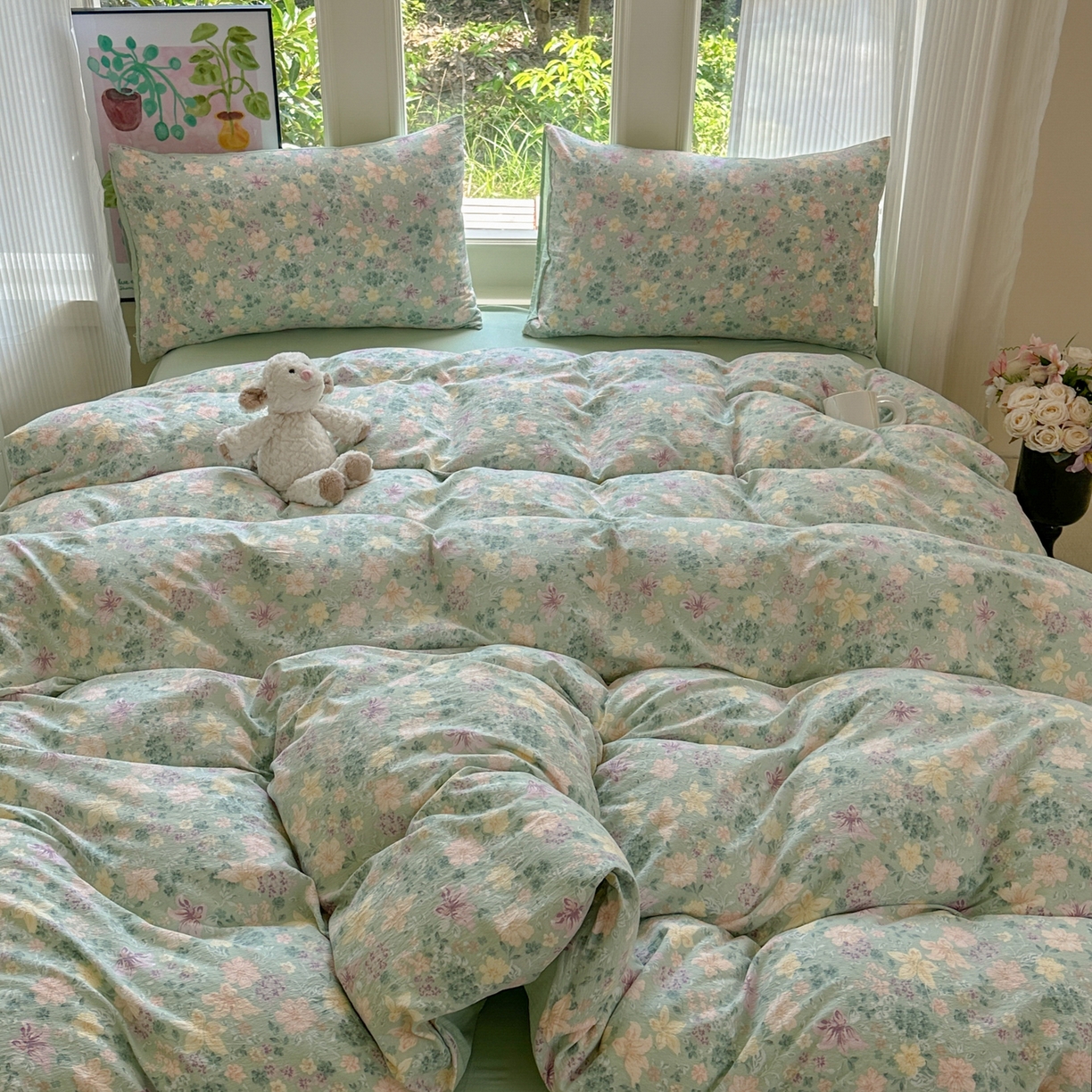 91家纺网 家纺一手货源 找家纺 桔禾家纺 2025新款小清新水洗棉有氧双层纱印花云感木棉皱皱纱四件套 斯兰