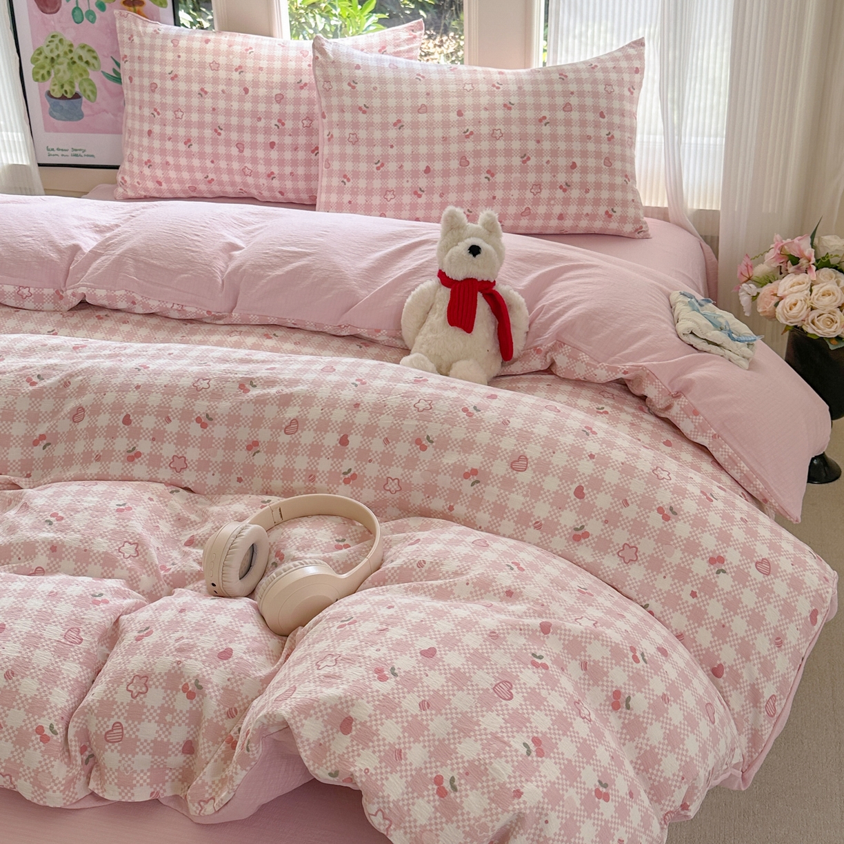 91家纺网 家纺一手货源 找家纺 桔禾家纺 2025新款小清新水洗棉有氧双层纱印花云感木棉皱皱纱四件套 恋爱物语