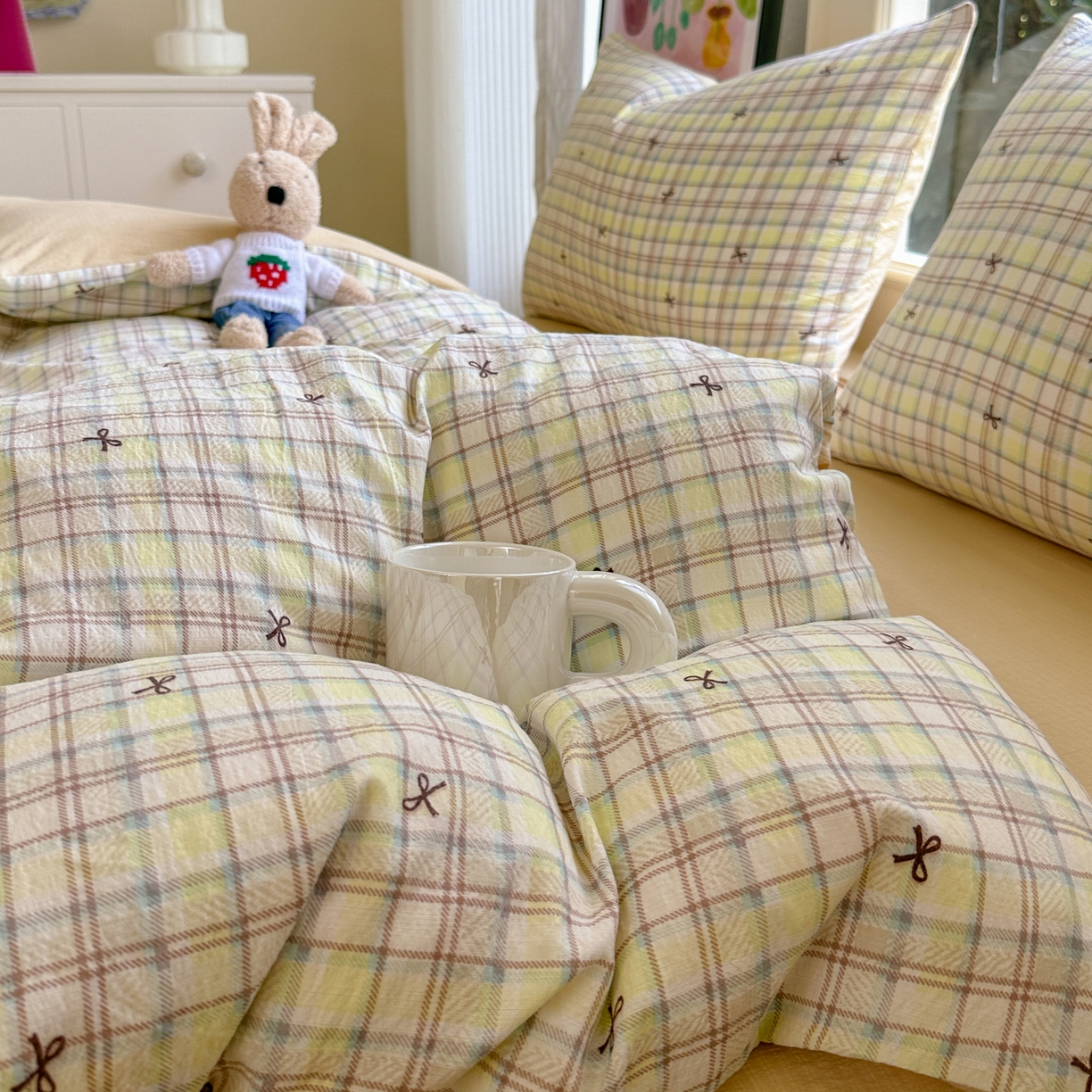 91家纺网 家纺一手货源 找家纺 桔禾家纺 2025新款小清新水洗棉有氧双层纱印花云感木棉皱皱纱四件套 千千结