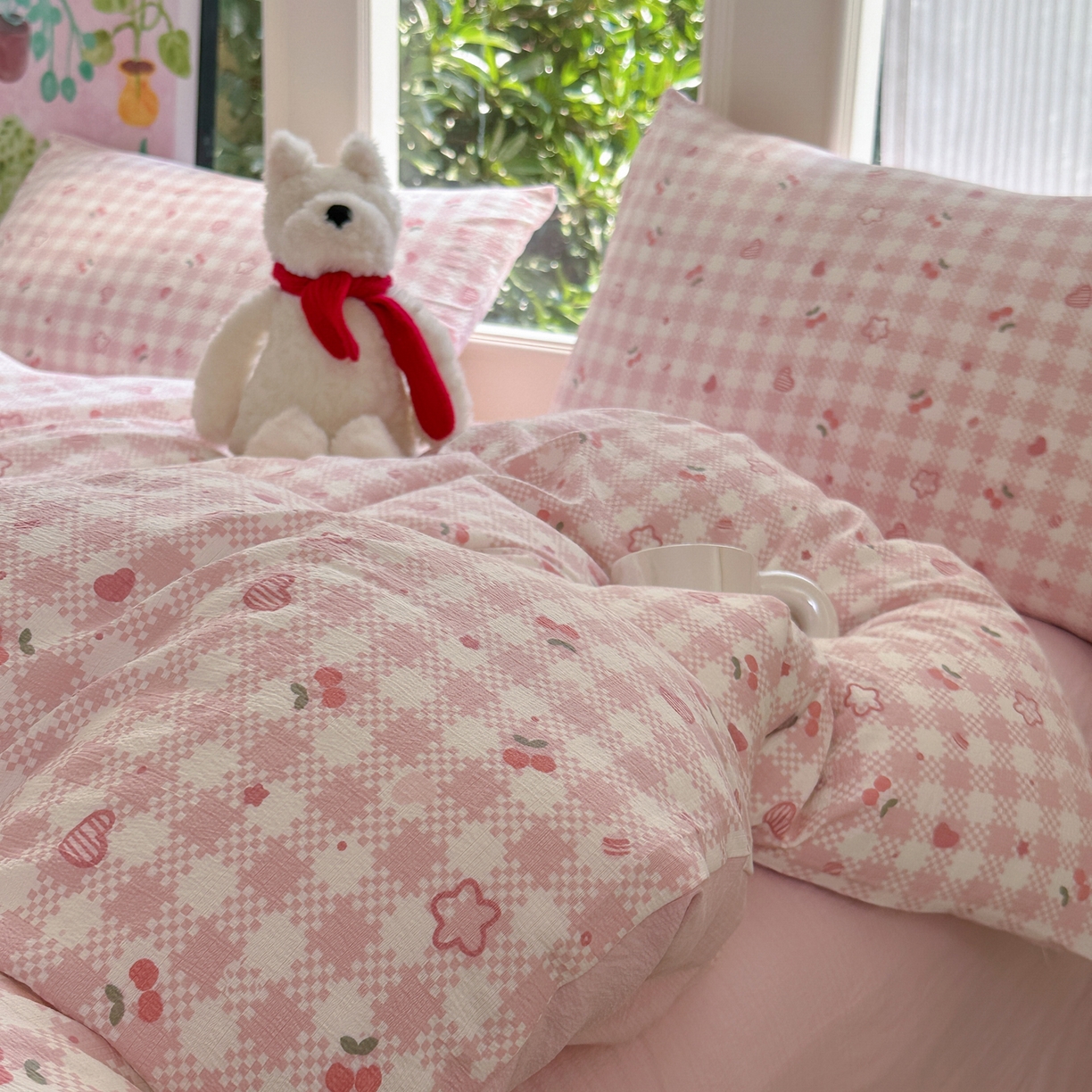 91家纺网 家纺一手货源 找家纺 桔禾家纺 2025新款小清新水洗棉有氧双层纱印花云感木棉皱皱纱四件套 恋爱物语