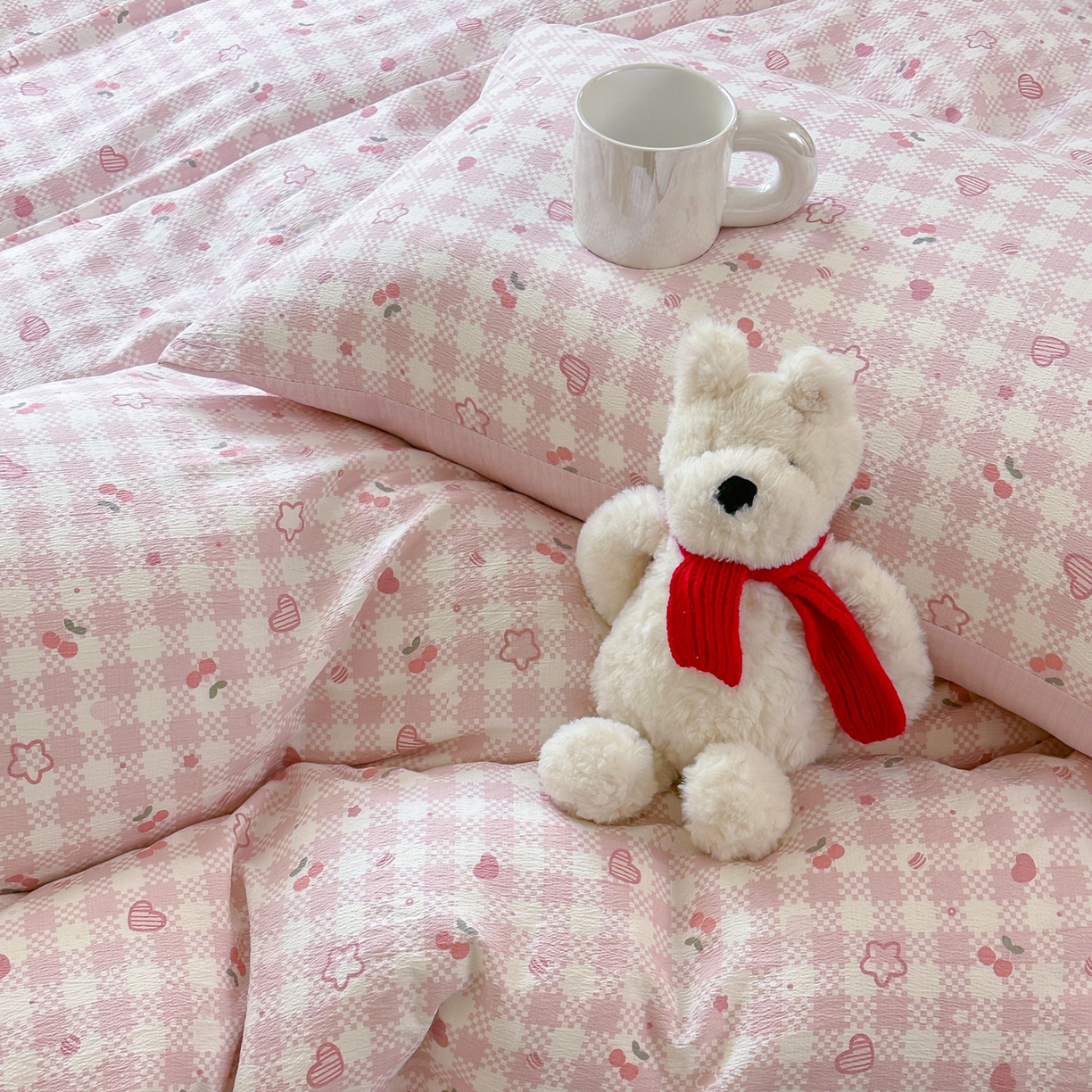 91家纺网 家纺一手货源 找家纺 桔禾家纺 2025新款小清新水洗棉有氧双层纱印花云感木棉皱皱纱四件套 恋爱物语