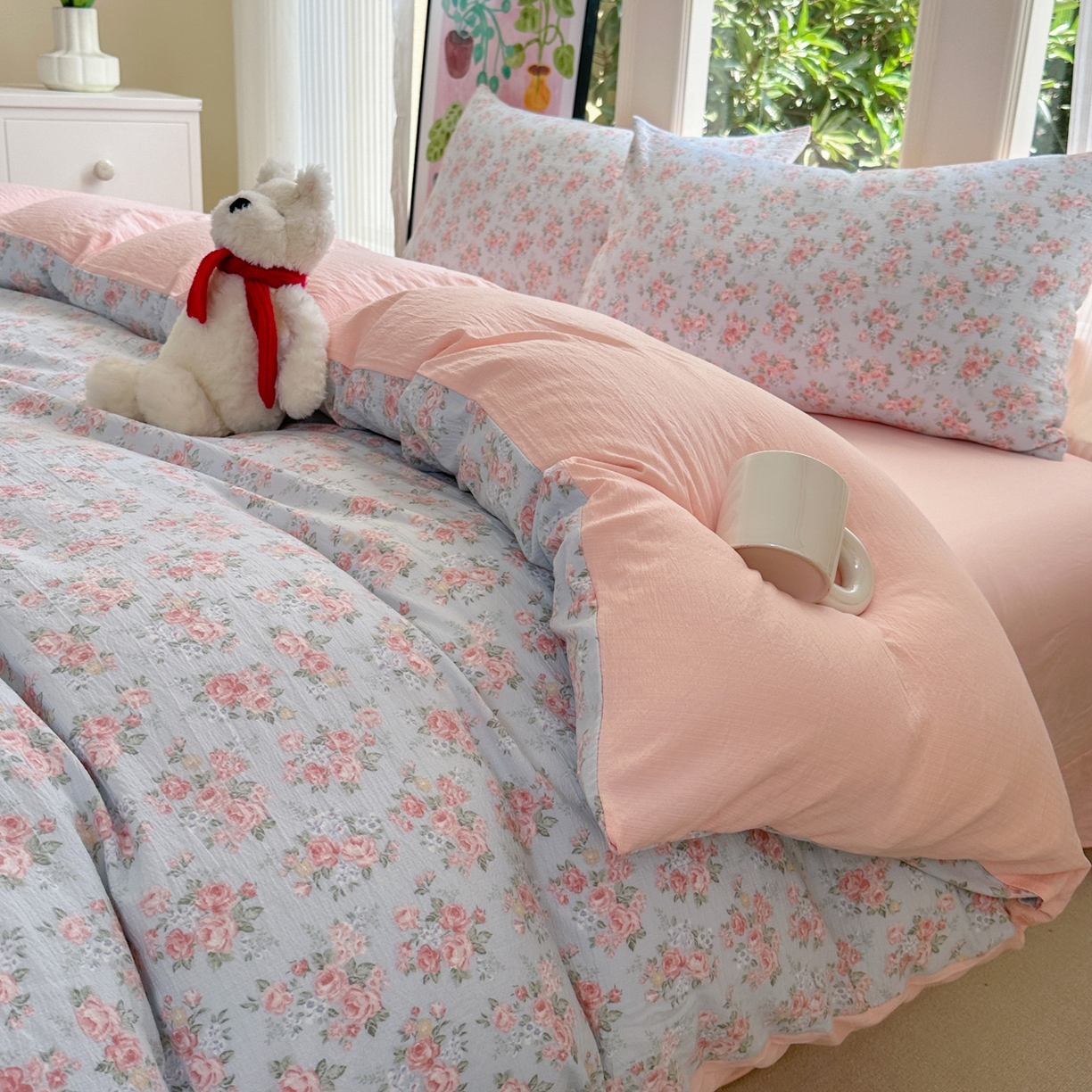 91家纺网 家纺一手货源 找家纺 桔禾家纺 2025新款小清新水洗棉有氧双层纱印花云感木棉皱皱纱四件套 玫瑰心语