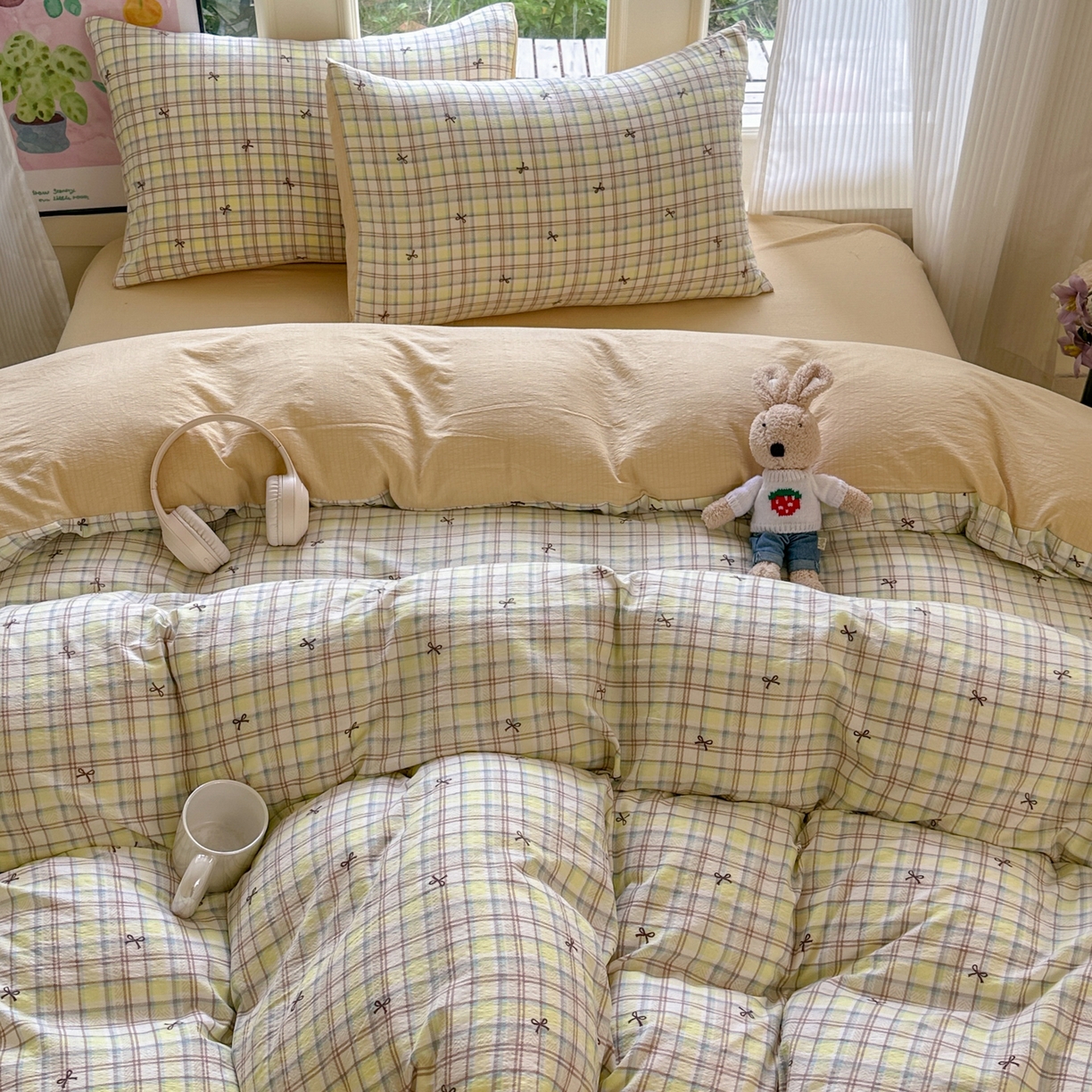 91家纺网 家纺一手货源 找家纺 桔禾家纺 2025新款小清新水洗棉有氧双层纱印花云感木棉皱皱纱四件套 千千结