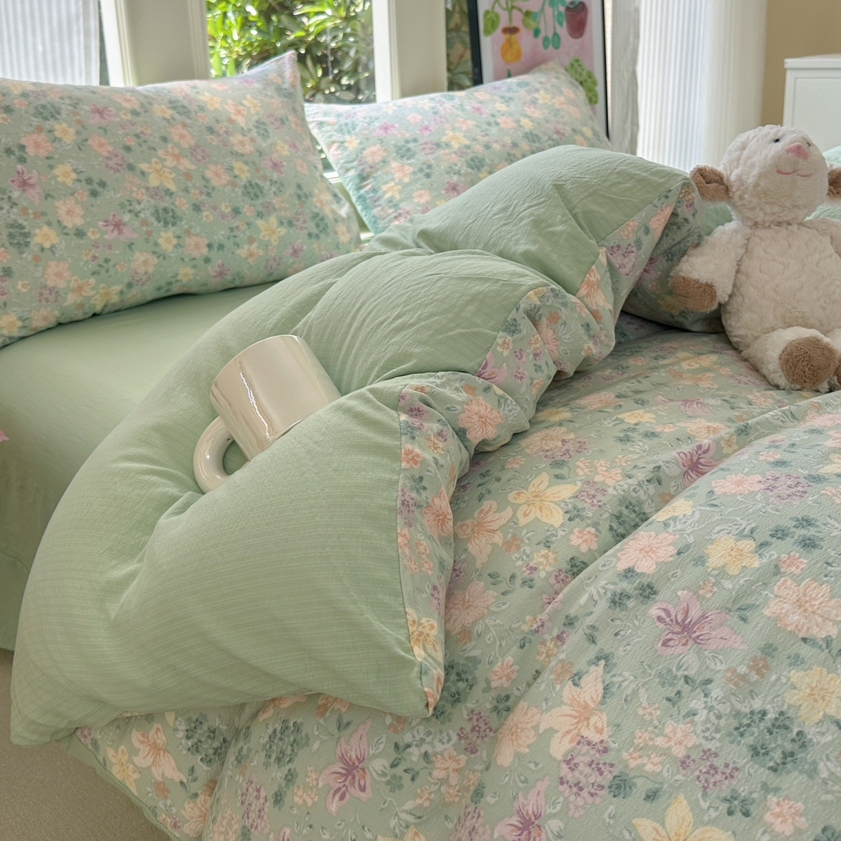 91家纺网 家纺一手货源 找家纺 桔禾家纺 2025新款小清新水洗棉有氧双层纱印花云感木棉皱皱纱四件套 斯兰