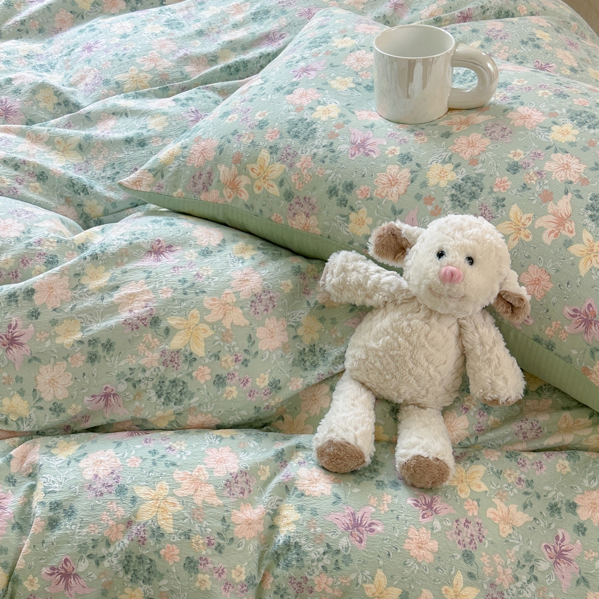 91家纺网 家纺一手货源 找家纺 桔禾家纺 2025新款小清新水洗棉有氧双层纱印花云感木棉皱皱纱四件套 斯兰