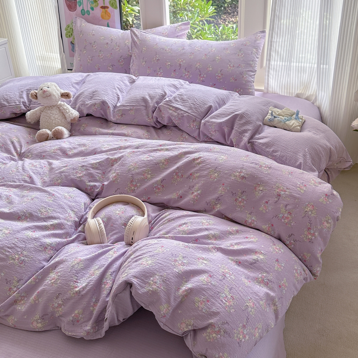 91家纺网 家纺一手货源 找家纺 桔禾家纺 2025新款小清新水洗棉有氧双层纱印花云感木棉皱皱纱四件套 满春庭