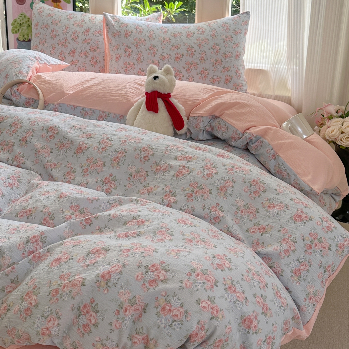 91家纺网 家纺一手货源 找家纺 桔禾家纺 2025新款小清新水洗棉有氧双层纱印花云感木棉皱皱纱四件套 玫瑰心语