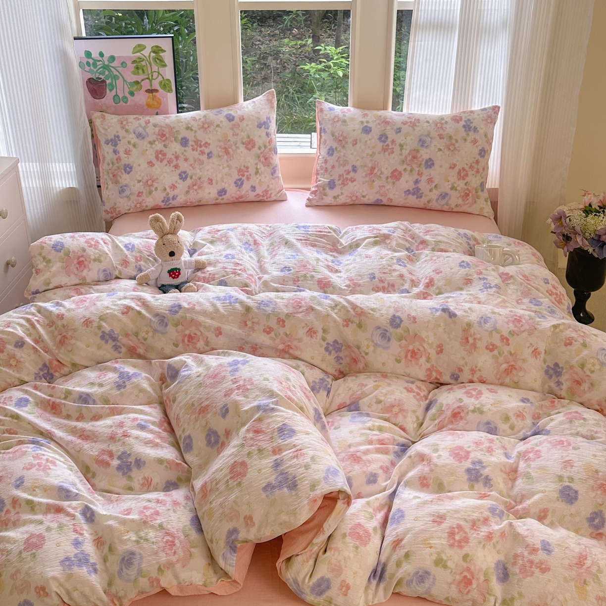 91家纺网 家纺一手货源 找家纺 （总）桔禾家纺 2025新款小清新水洗棉有氧双层纱印花云感木棉皱皱纱四件套