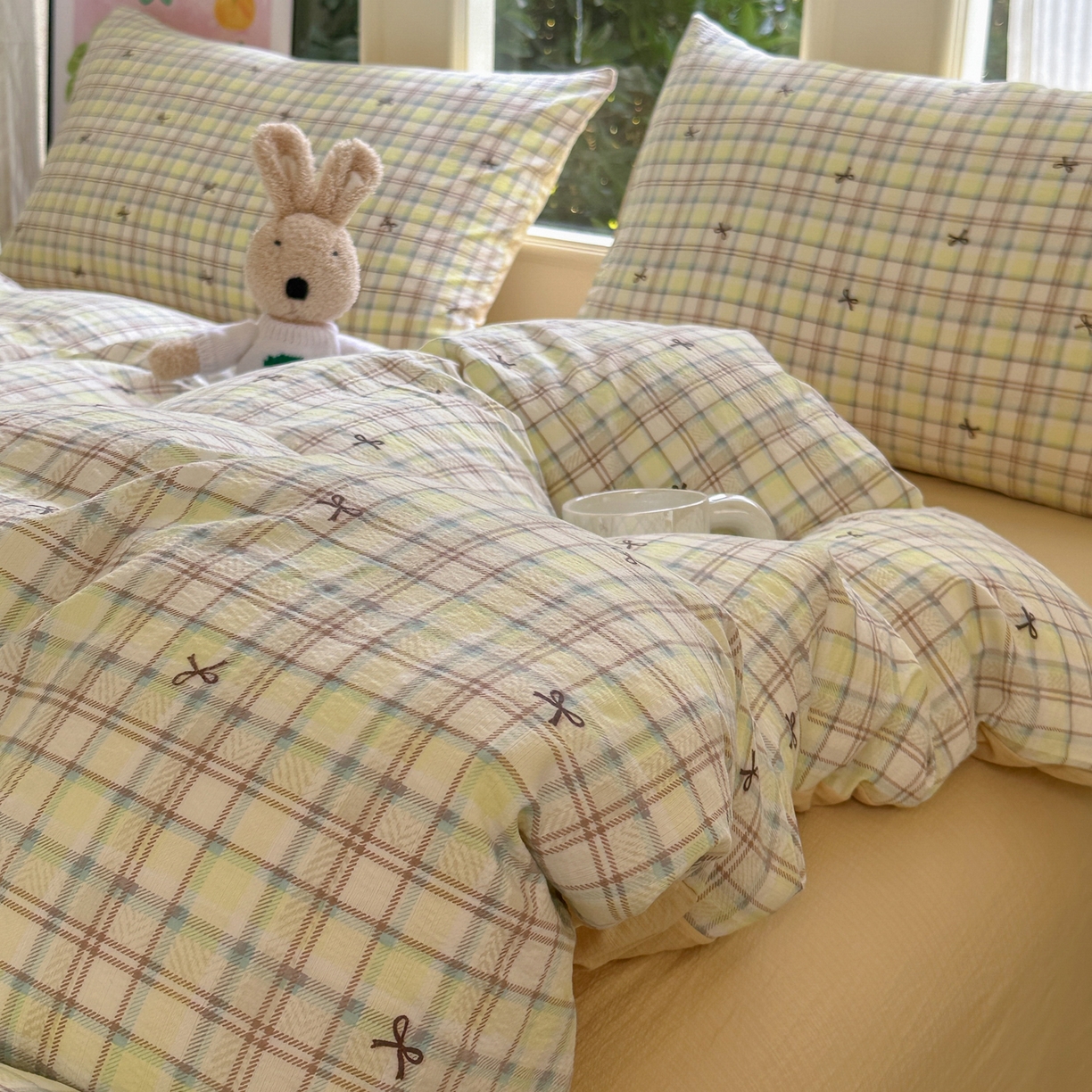 91家纺网 家纺一手货源 找家纺 桔禾家纺 2025新款小清新水洗棉有氧双层纱印花云感木棉皱皱纱四件套 千千结