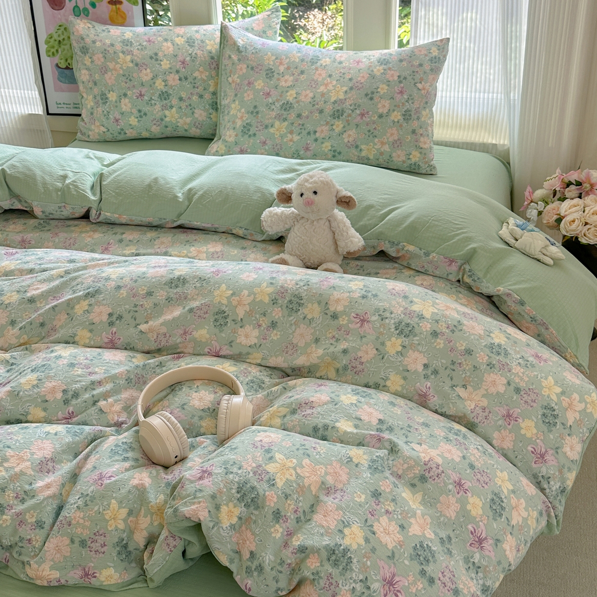 91家纺网 家纺一手货源 找家纺 桔禾家纺 2025新款小清新水洗棉有氧双层纱印花云感木棉皱皱纱四件套 斯兰