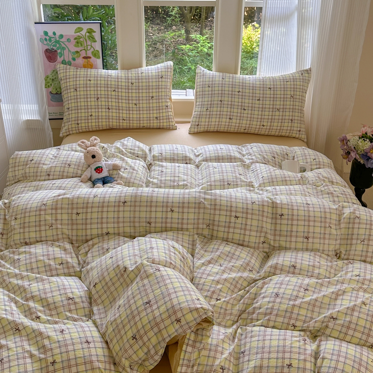 91家纺网 家纺一手货源 找家纺 桔禾家纺 2025新款小清新水洗棉有氧双层纱印花云感木棉皱皱纱四件套 千千结