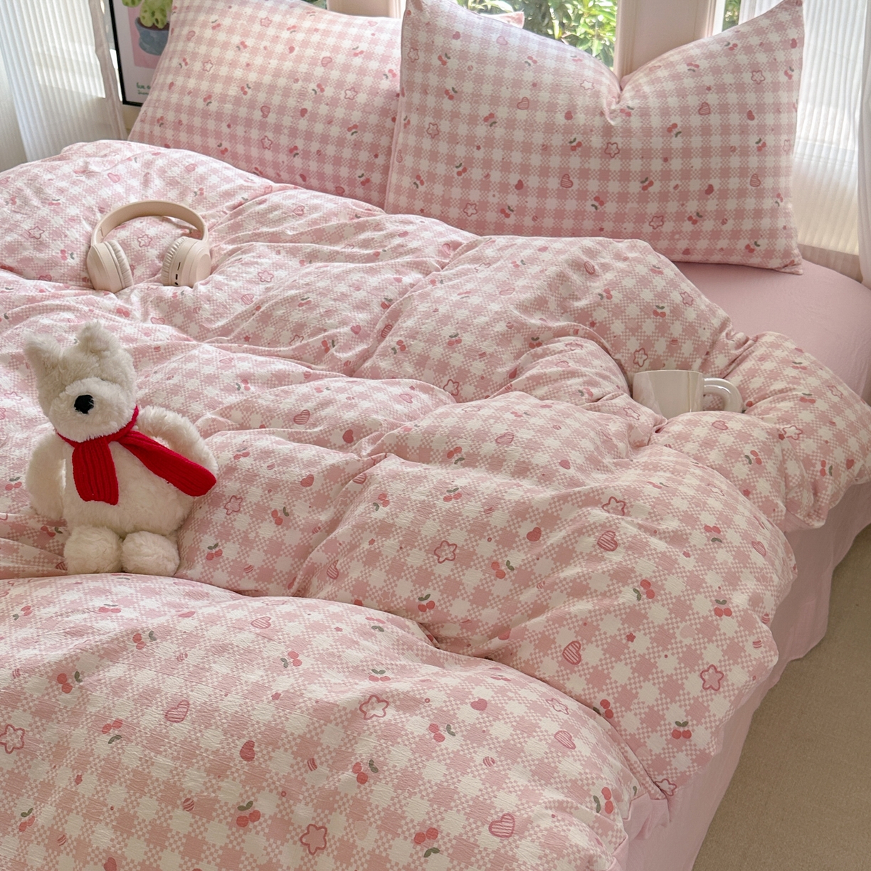 91家纺网 家纺一手货源 找家纺 桔禾家纺 2025新款小清新水洗棉有氧双层纱印花云感木棉皱皱纱四件套 恋爱物语