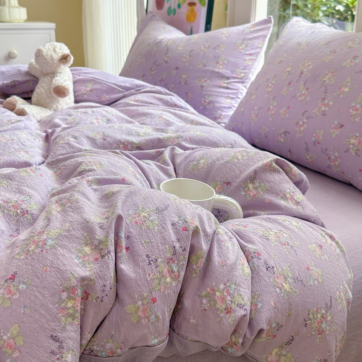 91家纺网 家纺一手货源 找家纺 桔禾家纺 2025新款小清新水洗棉有氧双层纱印花云感木棉皱皱纱四件套 满春庭