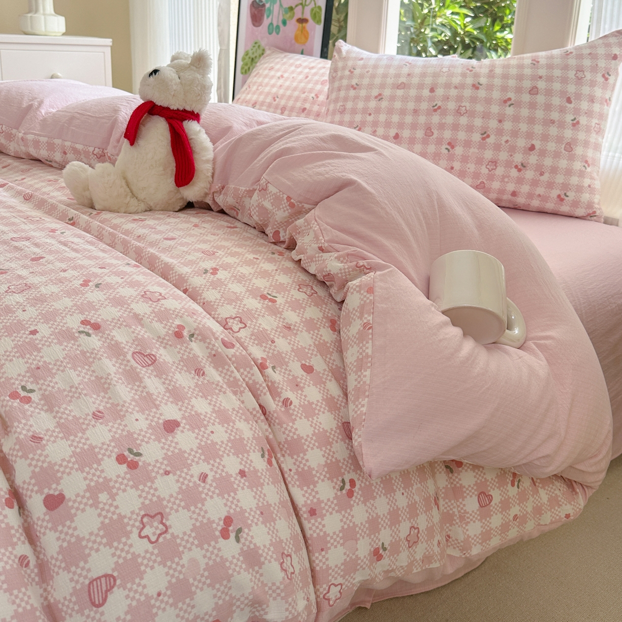 91家纺网 家纺一手货源 找家纺 桔禾家纺 2025新款小清新水洗棉有氧双层纱印花云感木棉皱皱纱四件套 恋爱物语