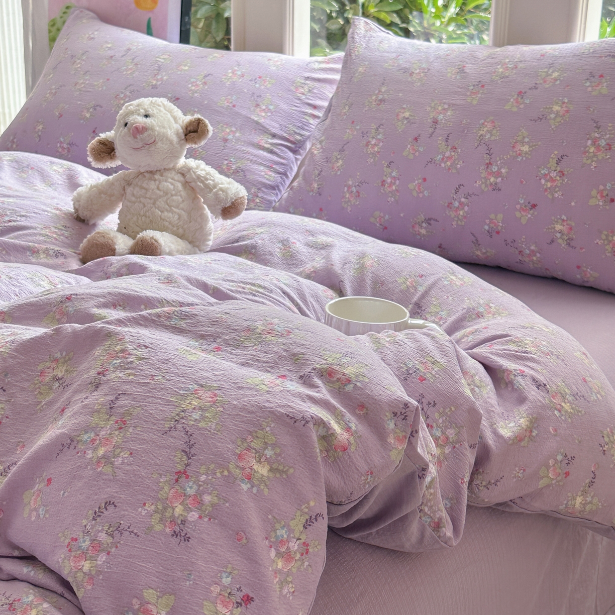 91家纺网 家纺一手货源 找家纺 桔禾家纺 2025新款小清新水洗棉有氧双层纱印花云感木棉皱皱纱四件套 满春庭