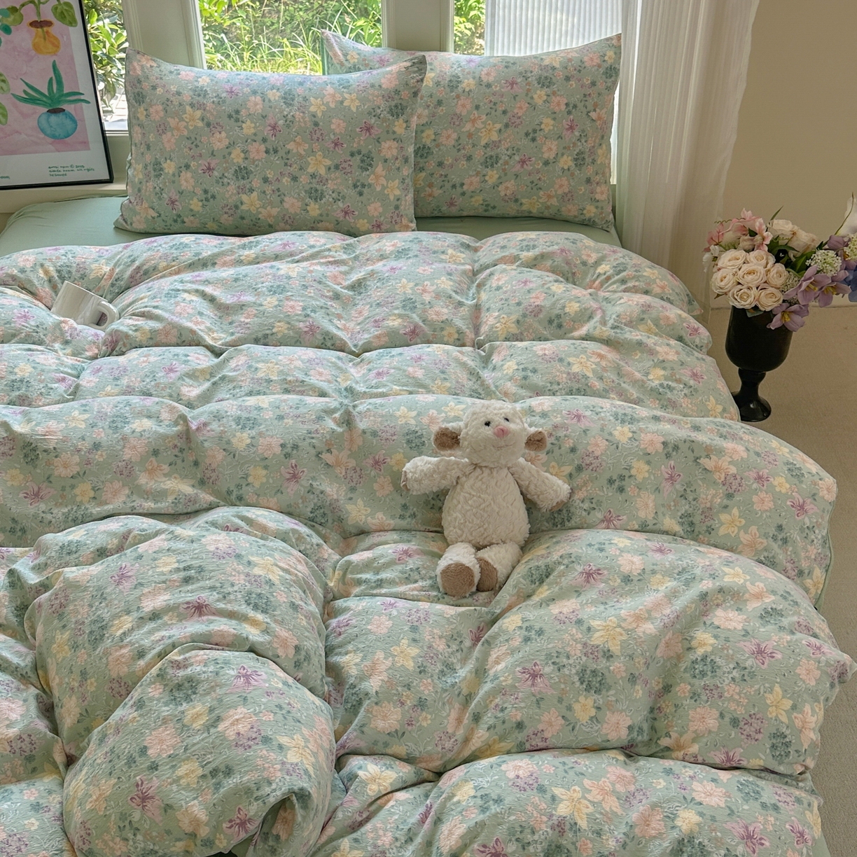 91家纺网 家纺一手货源 找家纺 桔禾家纺 2025新款小清新水洗棉有氧双层纱印花云感木棉皱皱纱四件套 斯兰