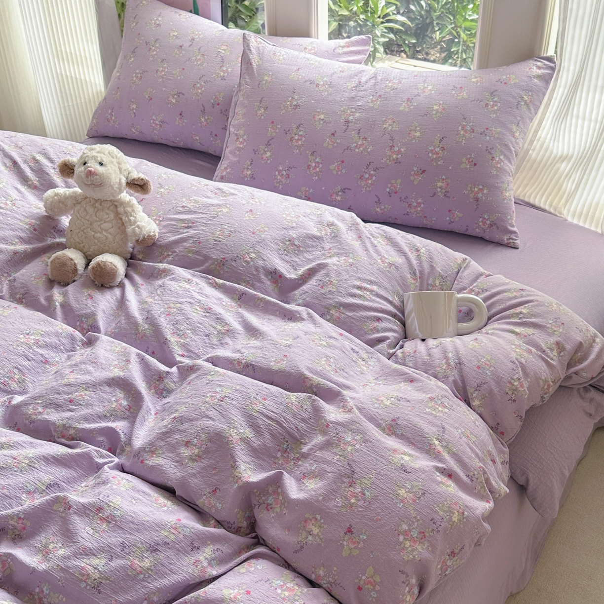 91家纺网 家纺一手货源 找家纺 桔禾家纺 2025新款小清新水洗棉有氧双层纱印花云感木棉皱皱纱四件套 满春庭