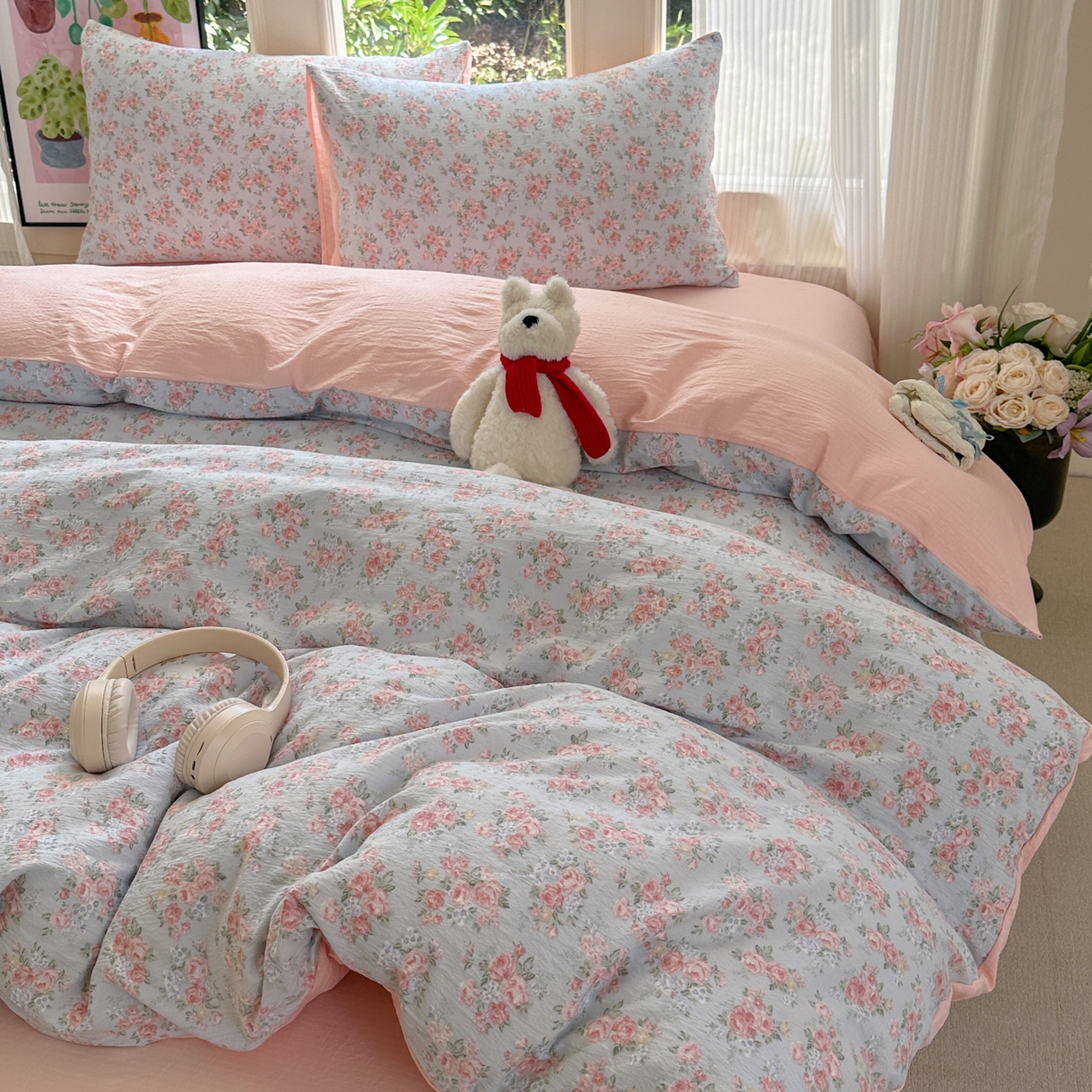 91家纺网 家纺一手货源 找家纺 桔禾家纺 2025新款小清新水洗棉有氧双层纱印花云感木棉皱皱纱四件套 玫瑰心语