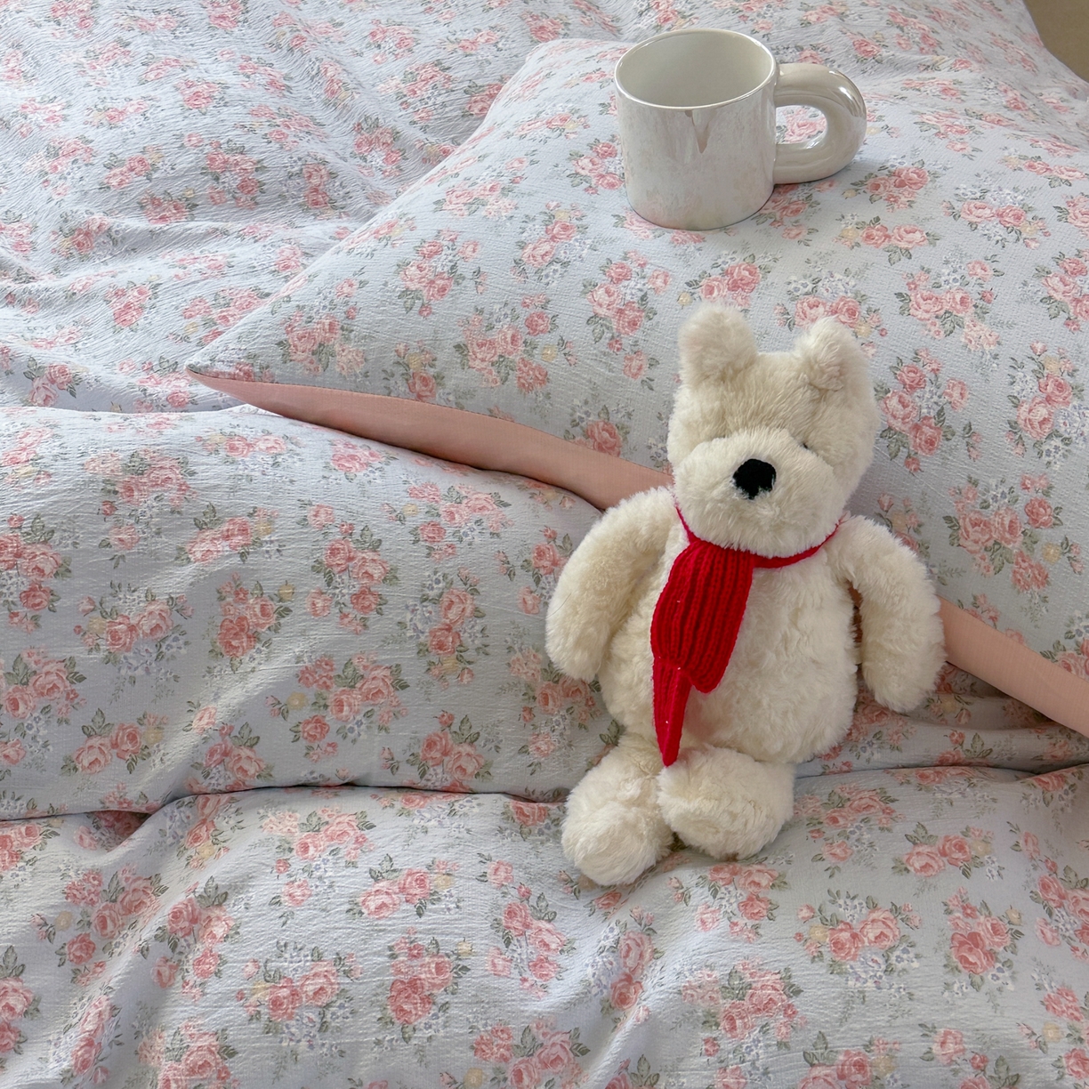 91家纺网 家纺一手货源 找家纺 桔禾家纺 2025新款小清新水洗棉有氧双层纱印花云感木棉皱皱纱四件套 玫瑰心语