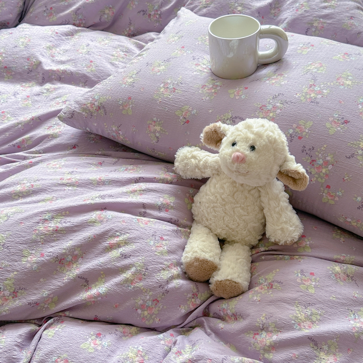 91家纺网 家纺一手货源 找家纺 桔禾家纺 2025新款小清新水洗棉有氧双层纱印花云感木棉皱皱纱四件套 满春庭