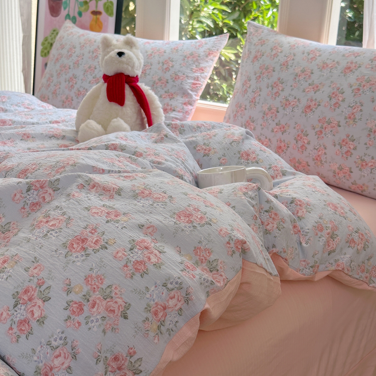 91家纺网 家纺一手货源 找家纺 桔禾家纺 2025新款小清新水洗棉有氧双层纱印花云感木棉皱皱纱四件套 玫瑰心语