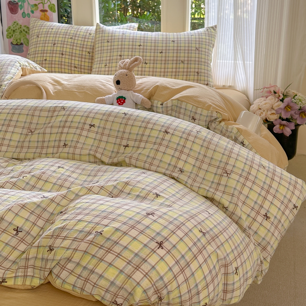 91家纺网 家纺一手货源 找家纺 桔禾家纺 2025新款小清新水洗棉有氧双层纱印花云感木棉皱皱纱四件套 千千结