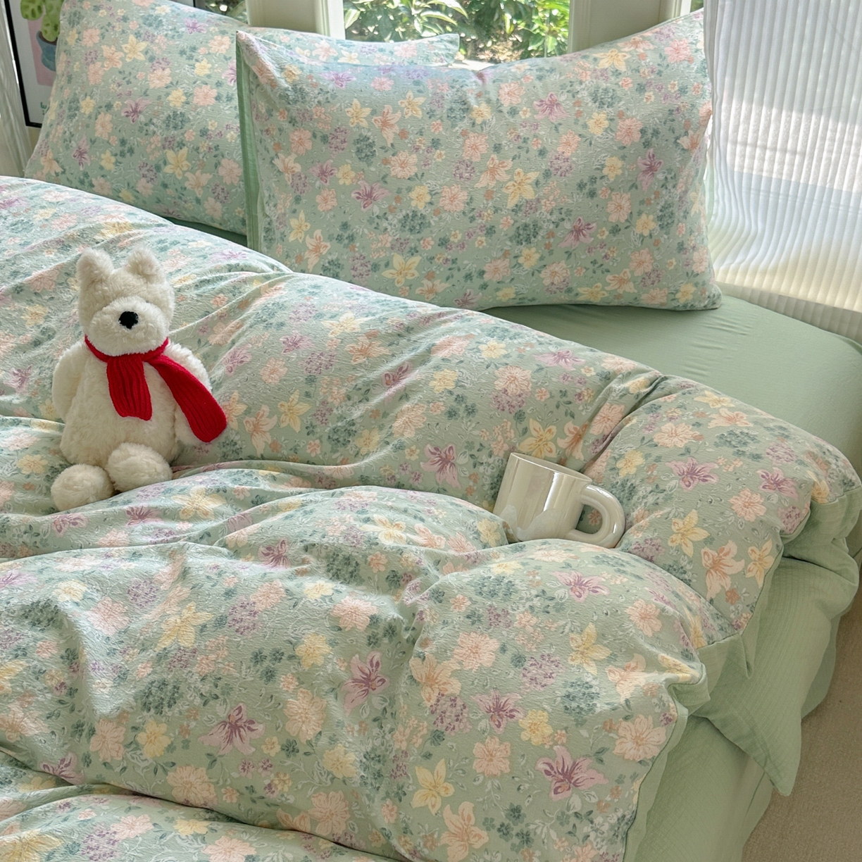 91家纺网 家纺一手货源 找家纺 桔禾家纺 2025新款小清新水洗棉有氧双层纱印花云感木棉皱皱纱四件套 斯兰