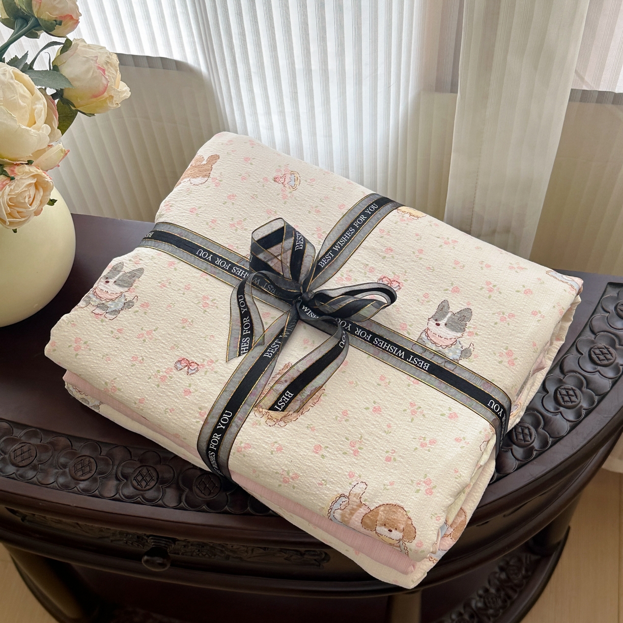 91家纺网 家纺一手货源 找家纺 （总）桔禾家纺 2025新款小清新水洗棉有氧双层纱印花云感木棉皱皱纱四件套