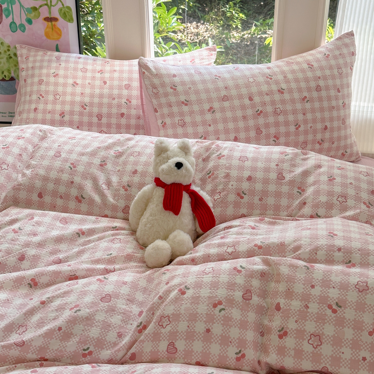 91家纺网 家纺一手货源 找家纺 桔禾家纺 2025新款小清新水洗棉有氧双层纱印花云感木棉皱皱纱四件套 恋爱物语