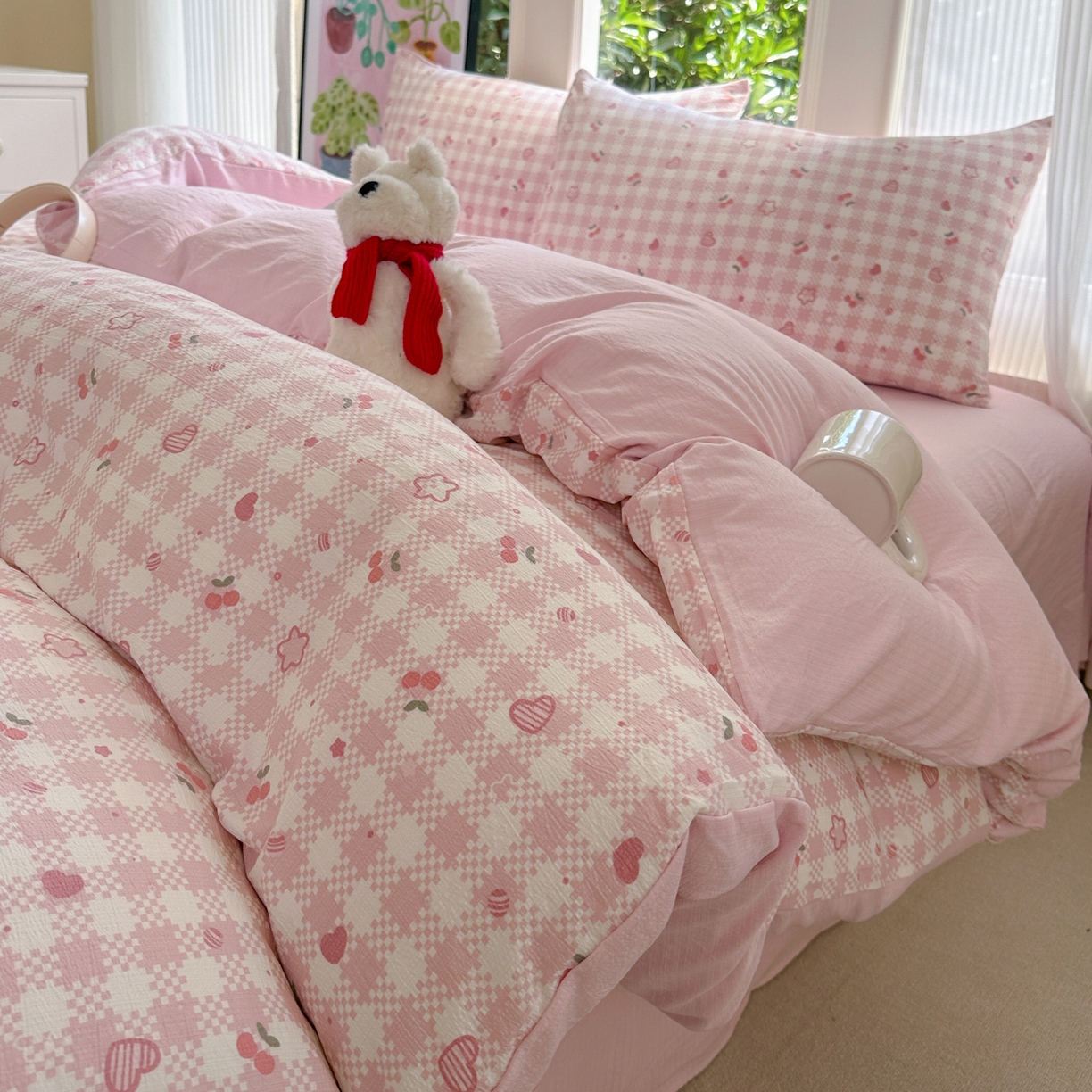 91家纺网 家纺一手货源 找家纺 桔禾家纺 2025新款小清新水洗棉有氧双层纱印花云感木棉皱皱纱四件套 恋爱物语