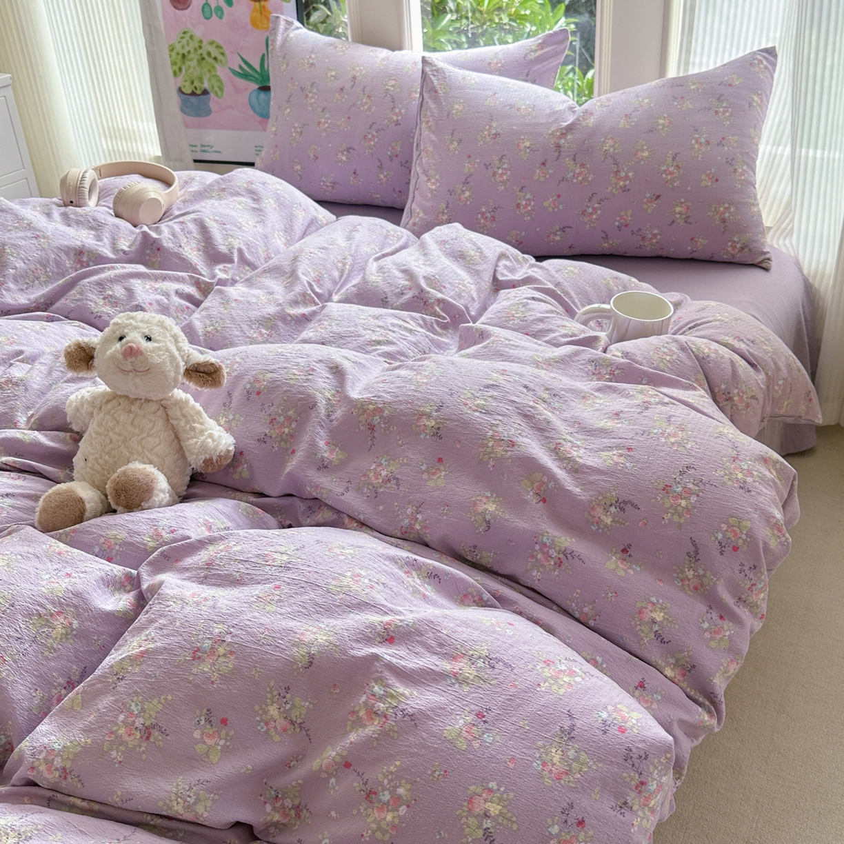 91家纺网 家纺一手货源 找家纺 桔禾家纺 2025新款小清新水洗棉有氧双层纱印花云感木棉皱皱纱四件套 满春庭