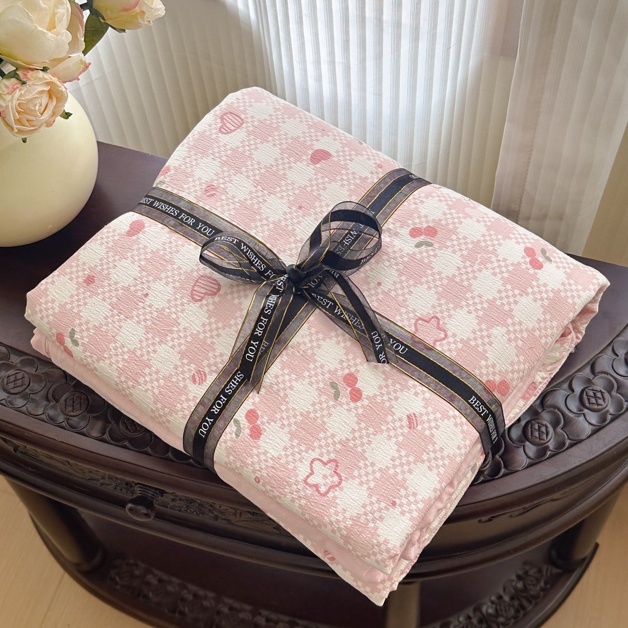 91家纺网 家纺一手货源 找家纺 （总）桔禾家纺 2025新款小清新水洗棉有氧双层纱印花云感木棉皱皱纱四件套