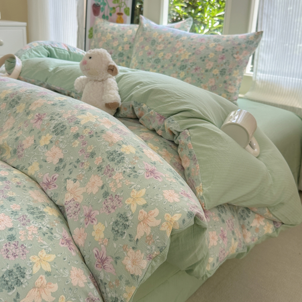 91家纺网 家纺一手货源 找家纺 桔禾家纺 2025新款小清新水洗棉有氧双层纱印花云感木棉皱皱纱四件套 斯兰