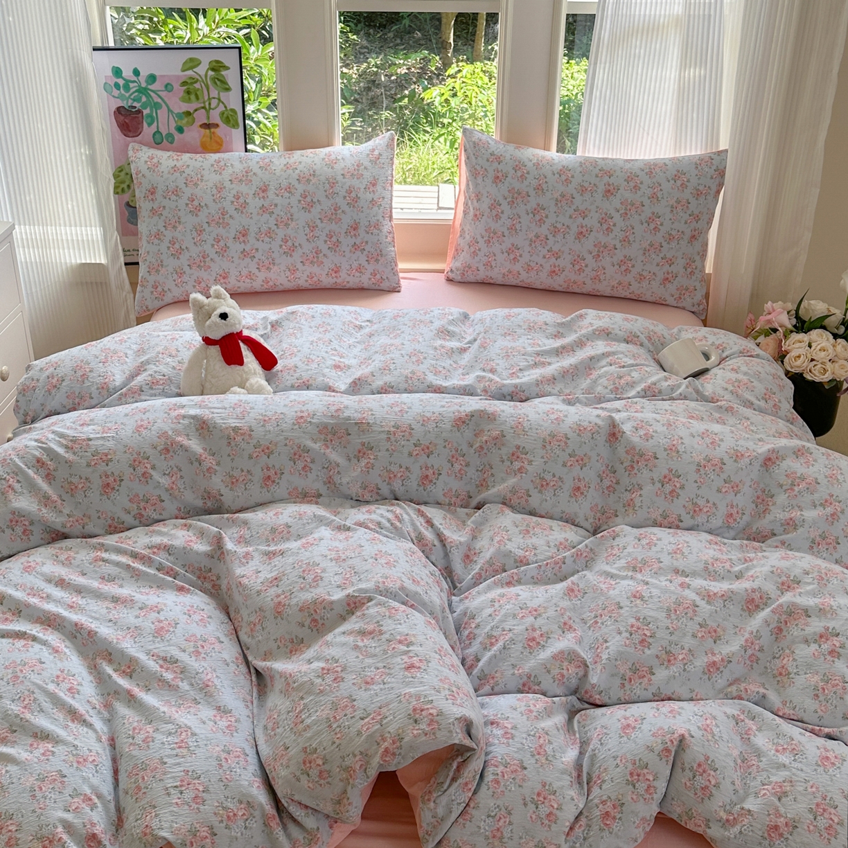 91家纺网 家纺一手货源 找家纺 桔禾家纺 2025新款小清新水洗棉有氧双层纱印花云感木棉皱皱纱四件套 玫瑰心语