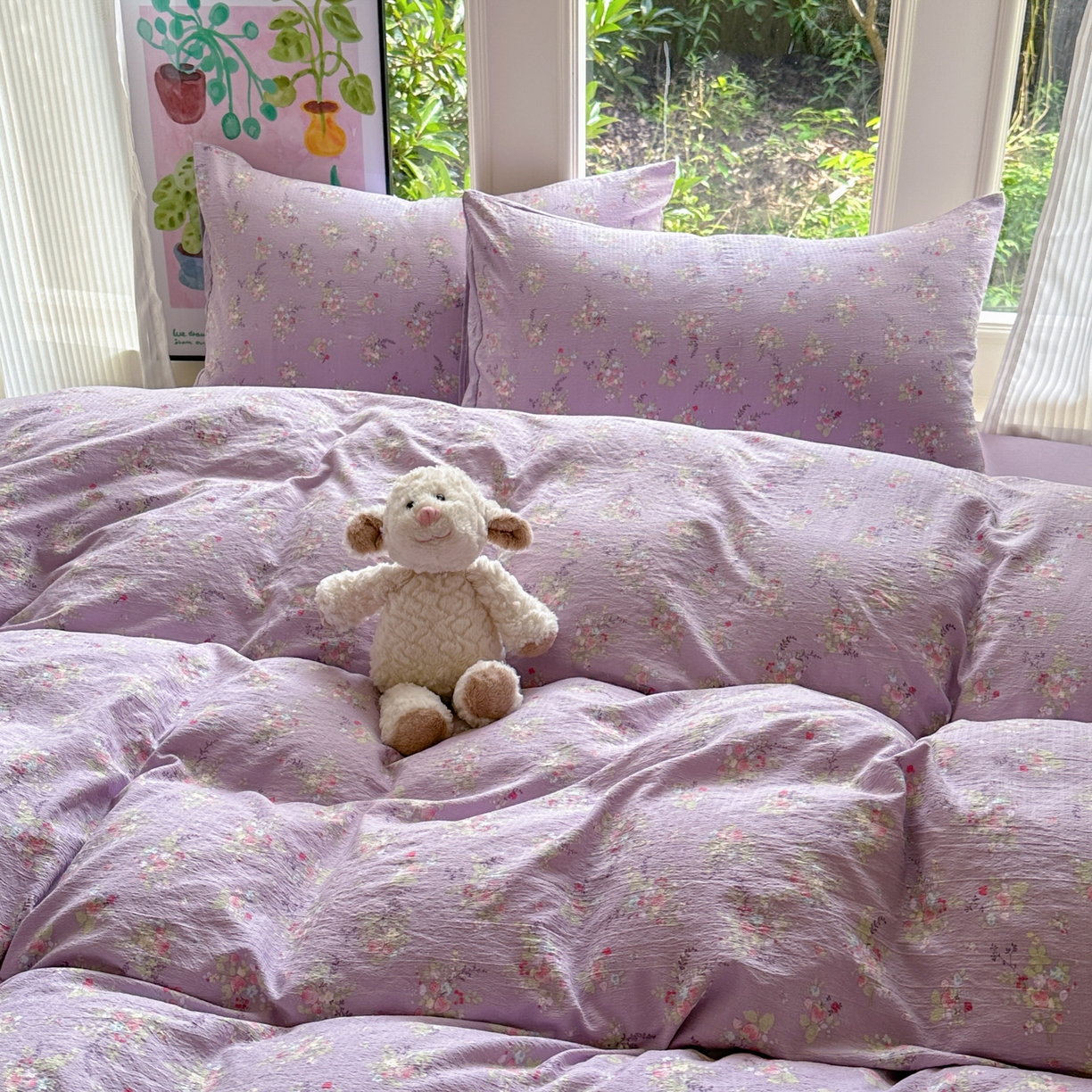 91家纺网 家纺一手货源 找家纺 桔禾家纺 2025新款小清新水洗棉有氧双层纱印花云感木棉皱皱纱四件套 满春庭