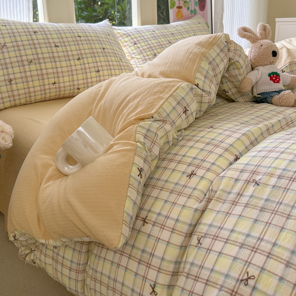 91家纺网 家纺一手货源 找家纺 桔禾家纺 2025新款小清新水洗棉有氧双层纱印花云感木棉皱皱纱四件套 千千结