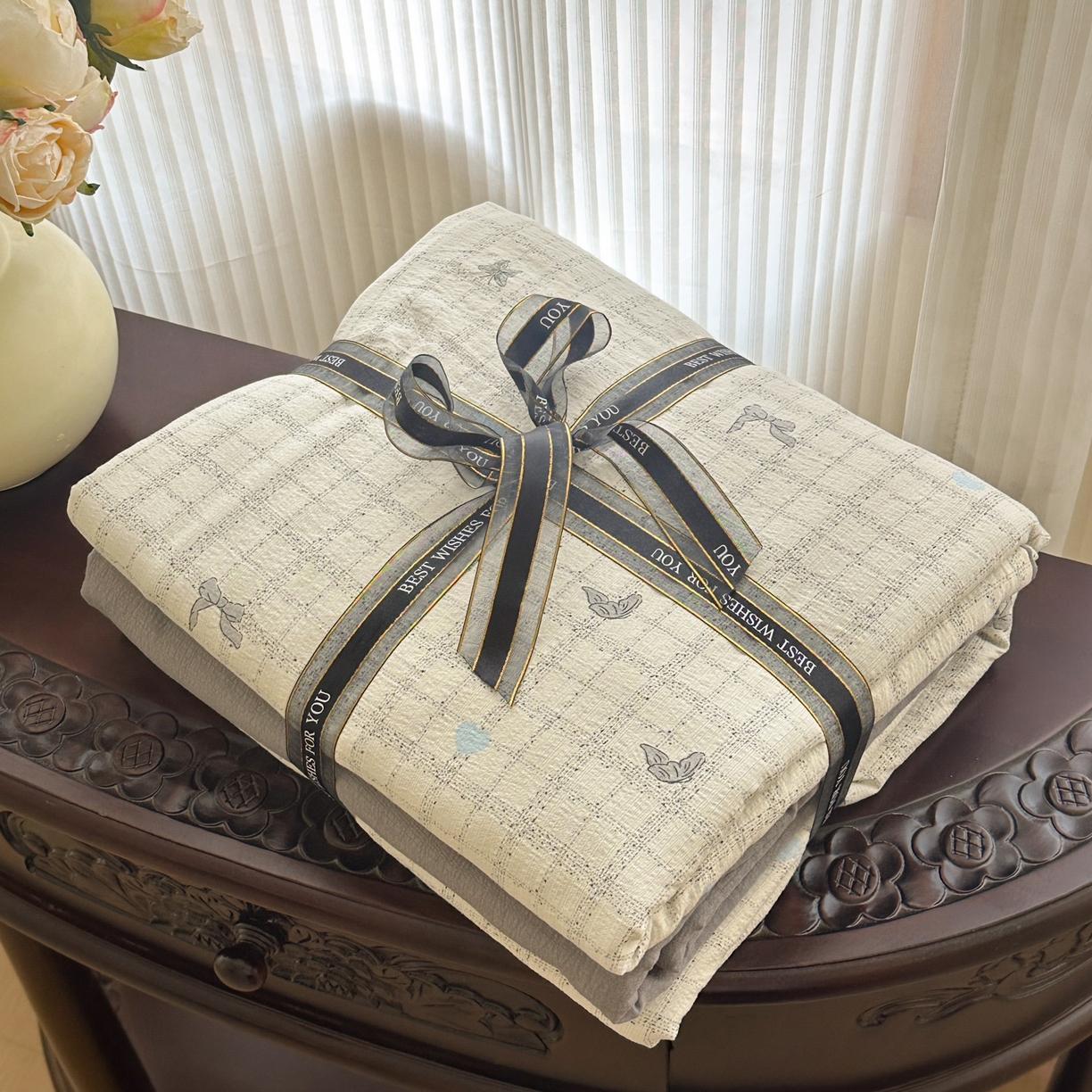 91家纺网 家纺一手货源 找家纺 （总）桔禾家纺 2025新款小清新水洗棉有氧双层纱印花云感木棉皱皱纱四件套