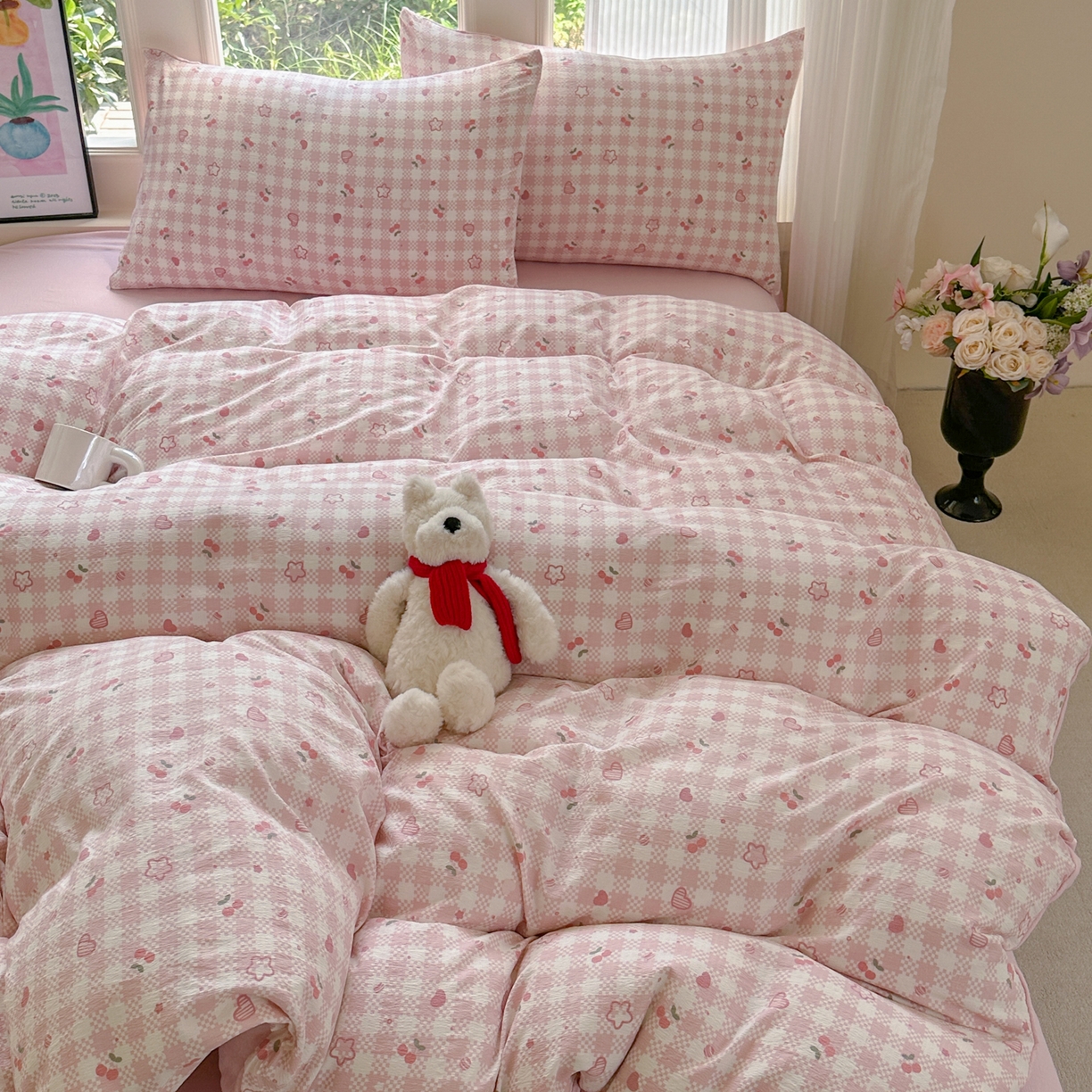 91家纺网 家纺一手货源 找家纺 桔禾家纺 2025新款小清新水洗棉有氧双层纱印花云感木棉皱皱纱四件套 恋爱物语