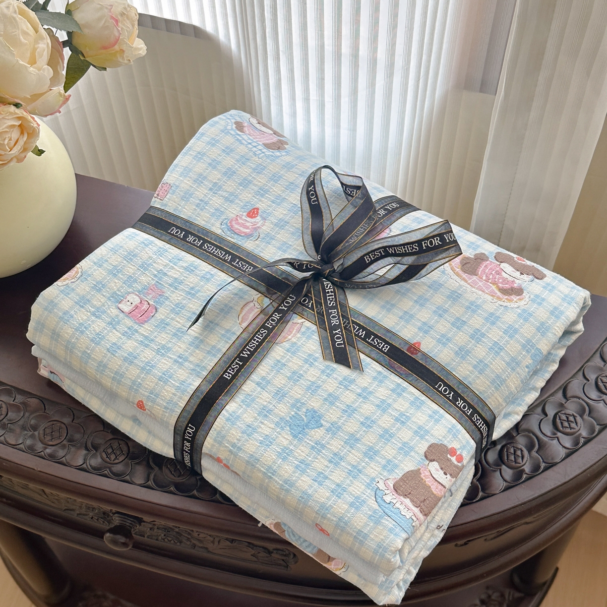 91家纺网 家纺一手货源 找家纺 （总）桔禾家纺 2025新款小清新水洗棉有氧双层纱印花云感木棉皱皱纱四件套