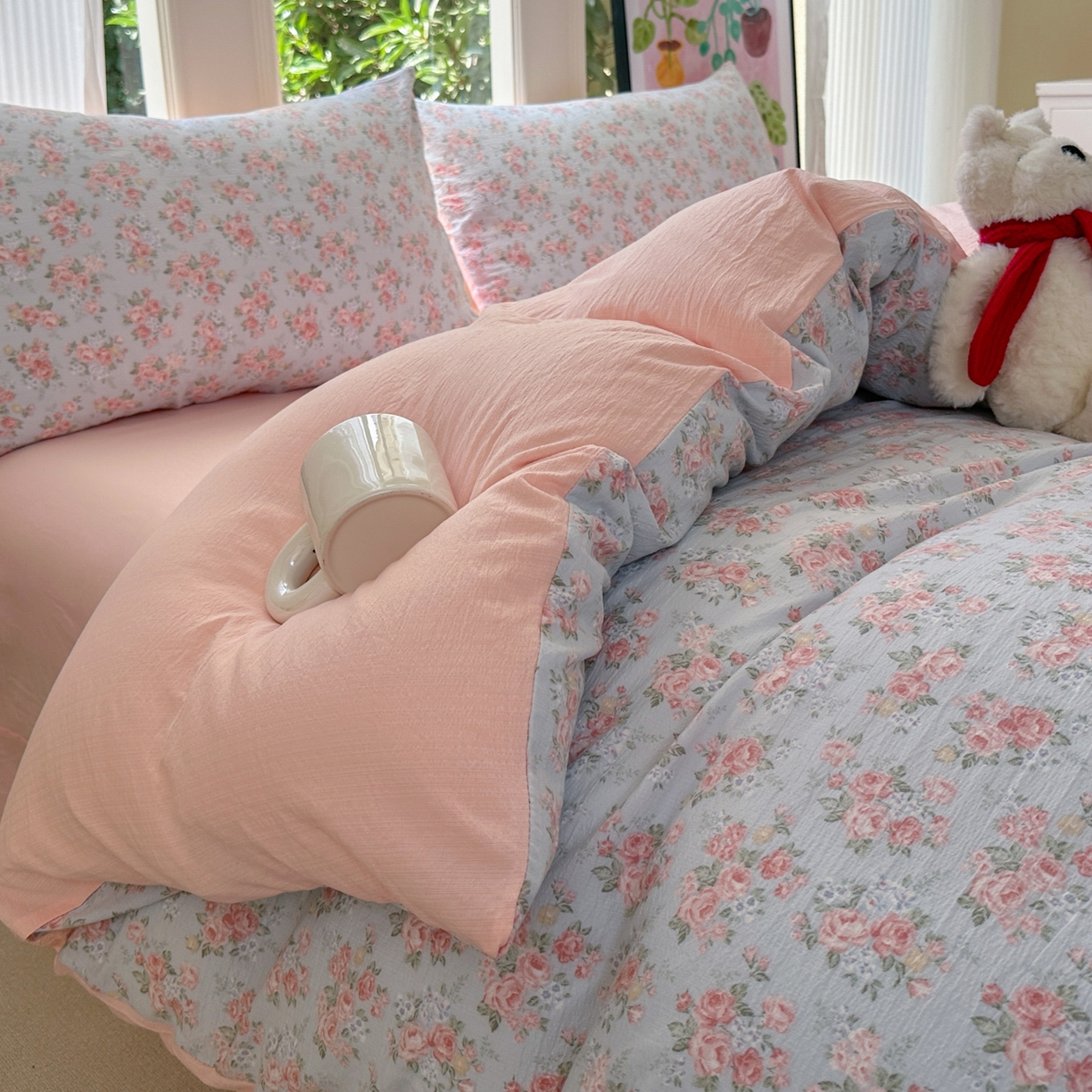 91家纺网 家纺一手货源 找家纺 桔禾家纺 2025新款小清新水洗棉有氧双层纱印花云感木棉皱皱纱四件套 玫瑰心语