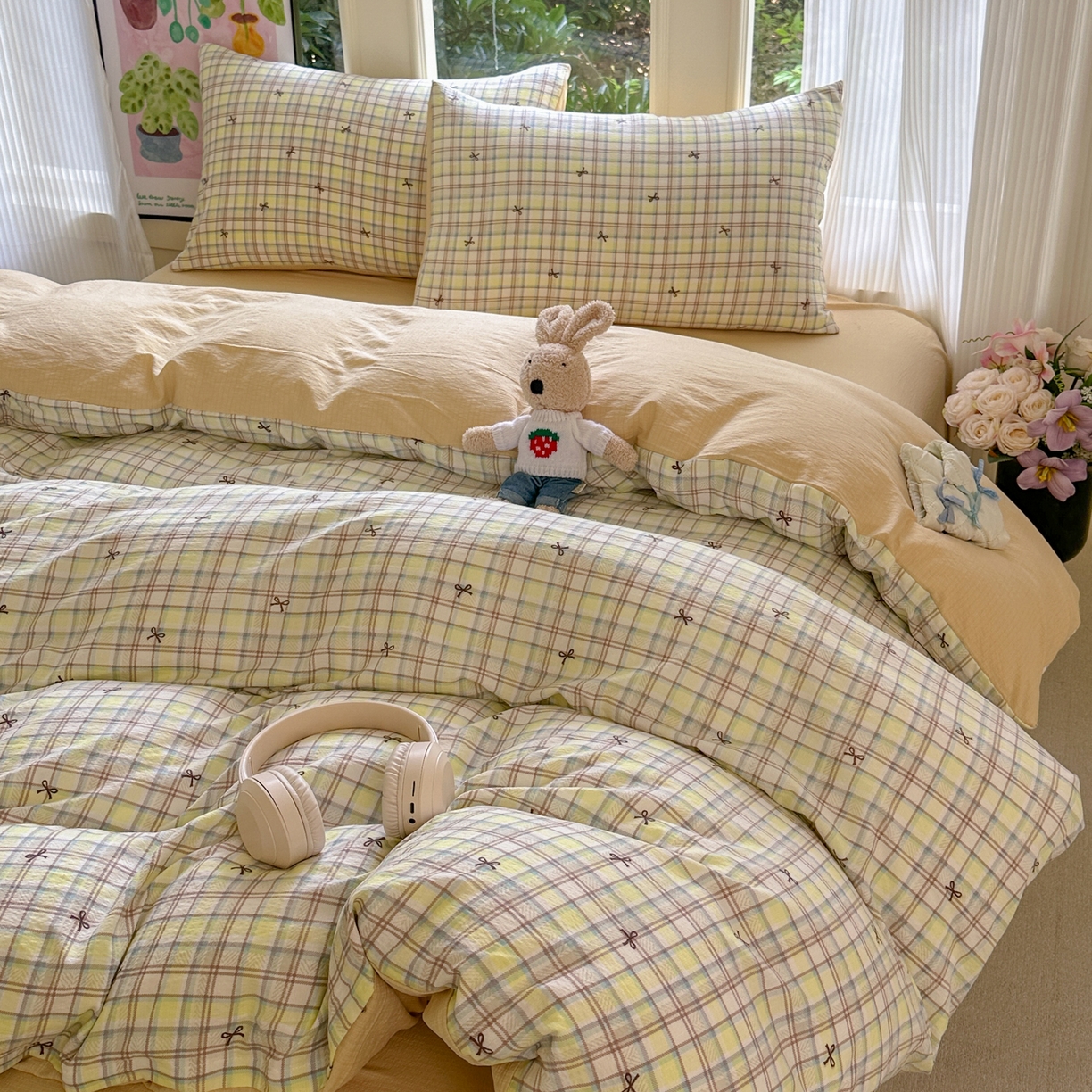 91家纺网 家纺一手货源 找家纺 桔禾家纺 2025新款小清新水洗棉有氧双层纱印花云感木棉皱皱纱四件套 千千结