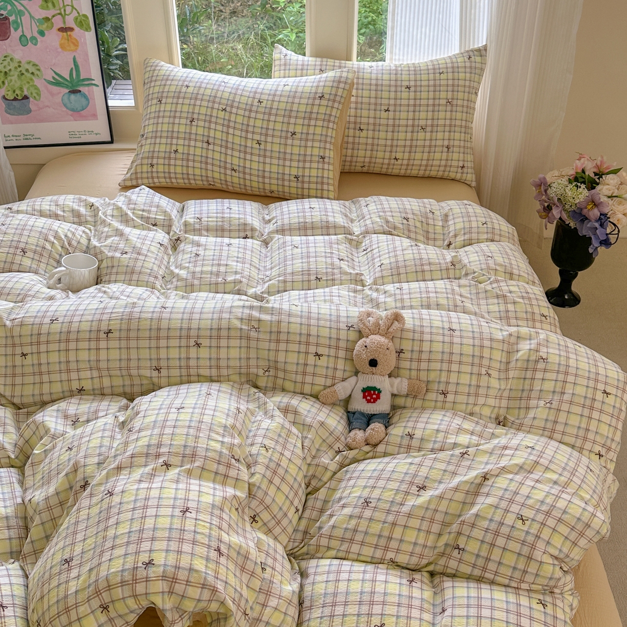 91家纺网 家纺一手货源 找家纺 桔禾家纺 2025新款小清新水洗棉有氧双层纱印花云感木棉皱皱纱四件套 千千结