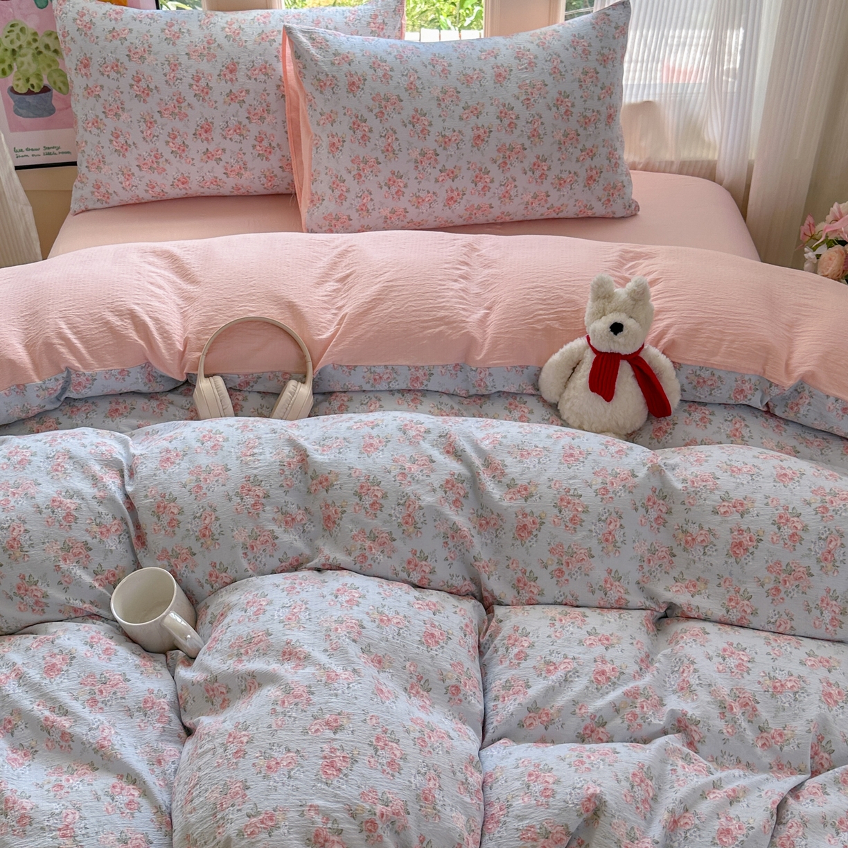 91家纺网 家纺一手货源 找家纺 桔禾家纺 2025新款小清新水洗棉有氧双层纱印花云感木棉皱皱纱四件套 玫瑰心语