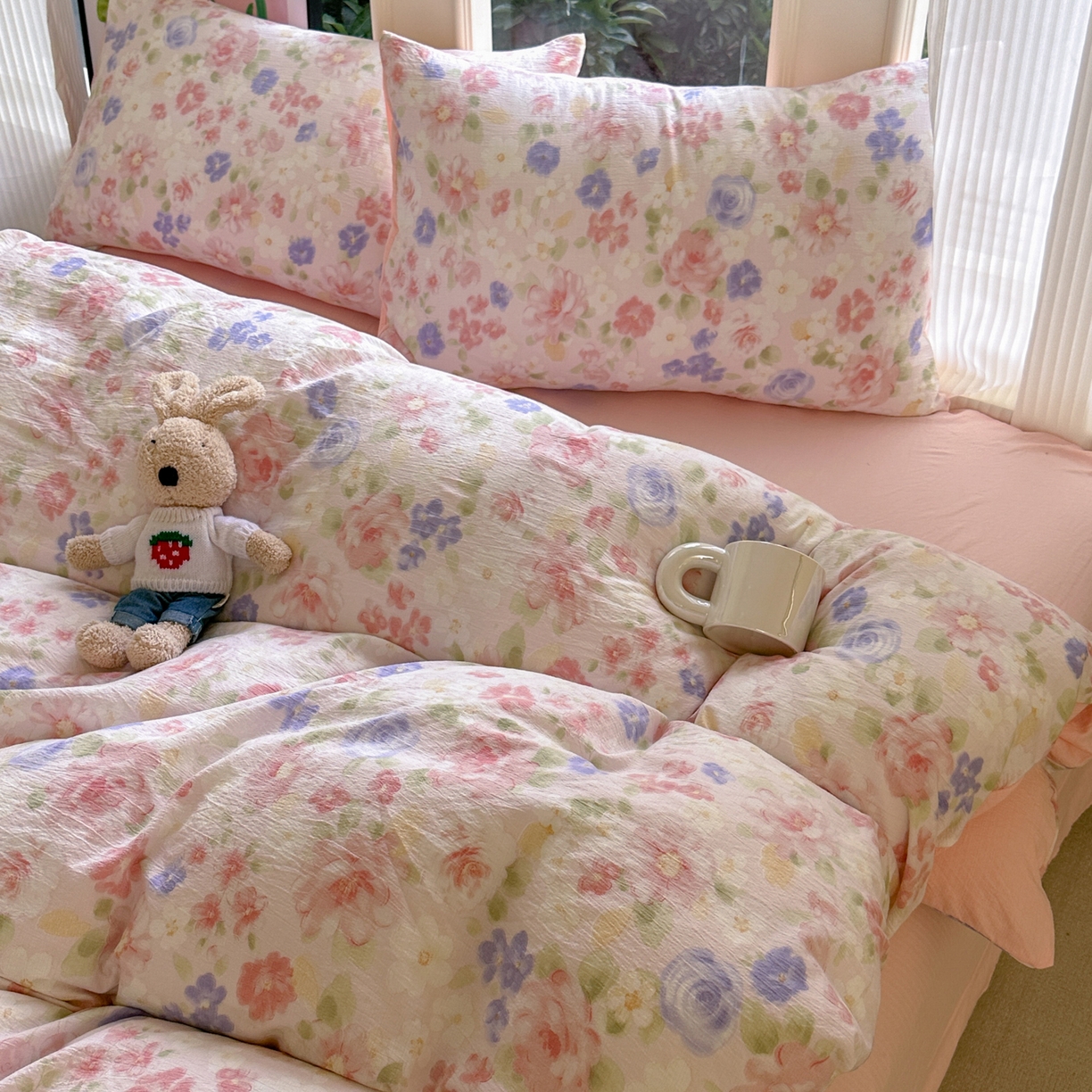 91家纺网 家纺一手货源 找家纺 （总）桔禾家纺 2025新款小清新水洗棉有氧双层纱印花云感木棉皱皱纱四件套