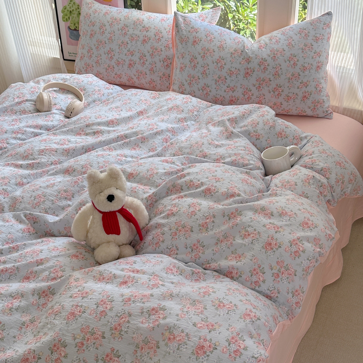 91家纺网 家纺一手货源 找家纺 桔禾家纺 2025新款小清新水洗棉有氧双层纱印花云感木棉皱皱纱四件套 玫瑰心语