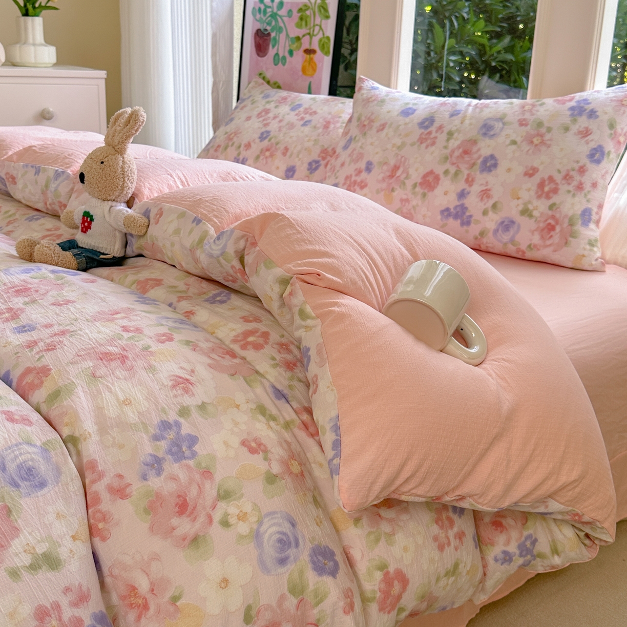 91家纺网 家纺一手货源 找家纺 （总）桔禾家纺 2025新款小清新水洗棉有氧双层纱印花云感木棉皱皱纱四件套