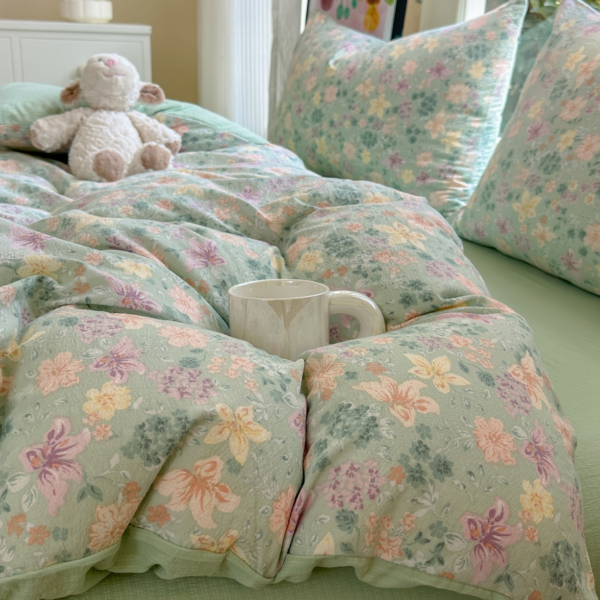 91家纺网 家纺一手货源 找家纺 桔禾家纺 2025新款小清新水洗棉有氧双层纱印花云感木棉皱皱纱四件套 斯兰